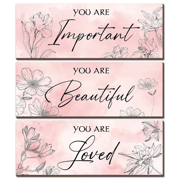 Pink_3_Pieces_Design_Floral_Wall_Decor,Art_Positive_Quotes_You_Are_Important_Beautiful_Loved_Art_Design_Wooden_Sign,Inspirational_Word_Wall_Mount_Decoration_|_For_Living_Room_And_Bedroom_(Green,11_Inch_X3.9_Inch)