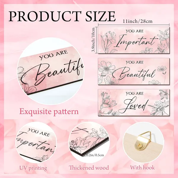 Pink_3_Pieces_Design_Floral_Wall_Decor,Art_Positive_Quotes_You_Are_Important_Beautiful_Loved_Art_Design_Wooden_Sign,Inspirational_Word_Wall_Mount_Decoration_|_For_Living_Room_And_Bedroom_(Green,11_Inch_X3.9_Inch)