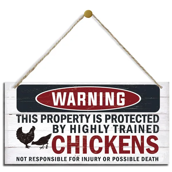 White_Funny_Warning_Signs,_The_Property_Is_Protected_By_Highly_Trained_Chicken_Sign,_Decorative_Wood_Hanging_Wood_Plaque,_Farmhouse_Home_Garden_Yard_Decor,_Door_Gate_Hanger,_Chicken_Farm_Decor