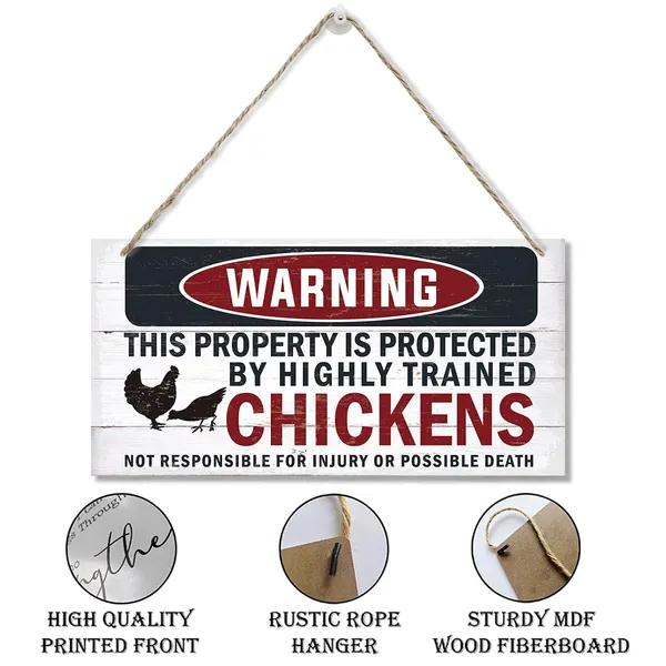 White_Funny_Warning_Signs,_The_Property_Is_Protected_By_Highly_Trained_Chicken_Sign,_Decorative_Wood_Hanging_Wood_Plaque,_Farmhouse_Home_Garden_Yard_Decor,_Door_Gate_Hanger,_Chicken_Farm_Decor