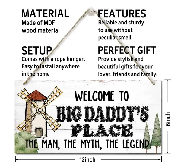 White_Welcome_To_Big_Daddy'S_Place_The_Man,_The_Myth,_The_Legend_Wood_Decor_Sign_Rustic_Style_Sign,_Hanging_Wood_Sign_Home_Decor,_Printed_Wood_Sign,_Home_Sign,_Gift_|_For_Grandpa_12X6_Inch