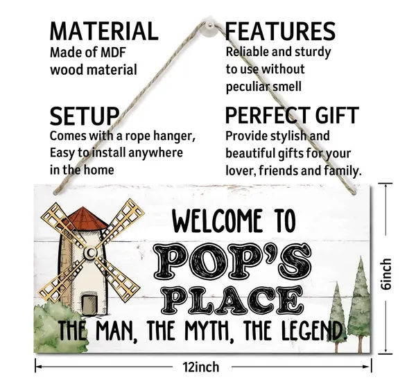 White_Welcome_To_Pop'S_Place_The_Man,_The_Myth,_The_Legend_Wood_Decor_Sign_Rustic_Style_Sign,_Hanging_Wood_Sign_Home_Decor,_Printed_Wood_Sign,_Home_Sign,_Gift_|_For_Grandpa_12X6_Inch