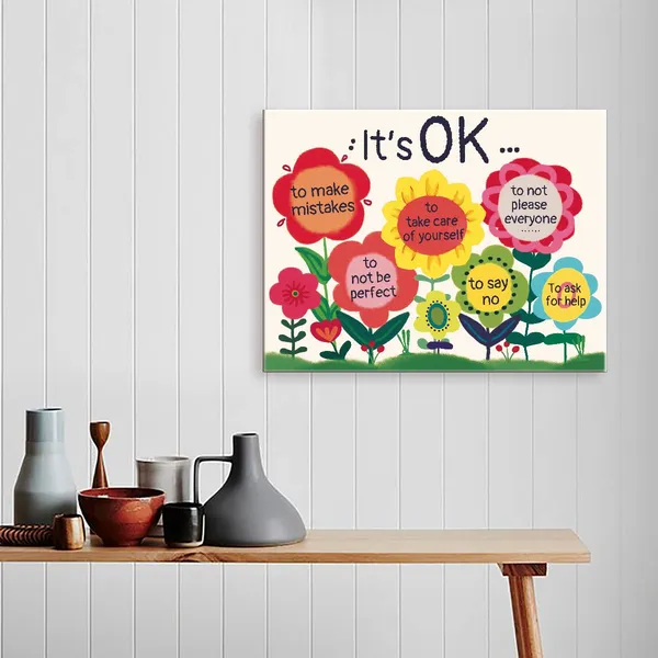 Multicolor_It'S_Ok_Colorful_Flowers_Inspirational_Quote_Canvas_Framed_Wall_Art,_Cute_Motivational_Canvas_Framed_Print_|_For_Teens_Girls_Home_Bedroom_Dorm_Office_Wall_Decor_15"_X_12"