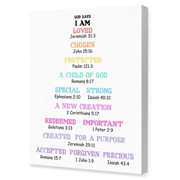 Multicolor_Biblical_Affirmations_|_For_Kids_Canvas_Wall_Art,Who_God_Says_I_Am_Motivational_Quote_Artwork_Painting_Prints_Poster_Ready_To_Hang_|_For_Kids_Teens_Classroom_Nursery_Read_Room_Wall_Decor,12_X_16_Inch_Y450