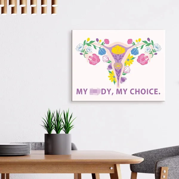 Pink_My_Body_My_Choice_Canvas_Wall_Art,Purple_Flower_Feminist_Canvas_Human_Rights_Framed_Prints_Wall_Art_Ready_To_Hang_|_For_Girl_Women_Sisters_Office_Apartment_Bedroom_Home_Wall_Decor