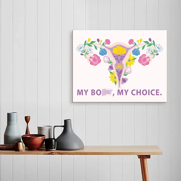 Pink_My_Body_My_Choice_Canvas_Wall_Art,Purple_Flower_Feminist_Canvas_Human_Rights_Framed_Prints_Wall_Art_Ready_To_Hang_|_For_Girl_Women_Sisters_Office_Apartment_Bedroom_Home_Wall_Decor