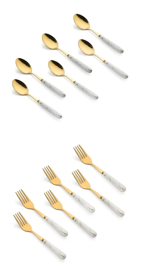 Set_Of_12_Abstract_White_Stainless_Steel_Golden_Spoon_&_Fork_Set