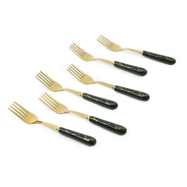 Set_Of_6_Abstract_Forest_Green_Stainless_Steel_Golden_Small_Fork