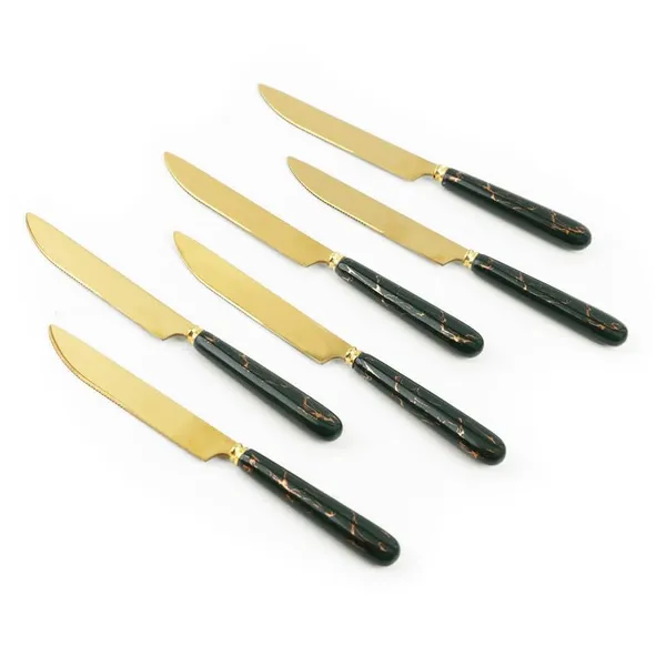 Set_Of_6_Abstract_Forest_Green_Stainless_Steel_Golden_Knife