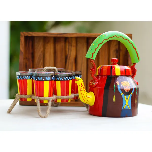 Multicolour_Traditional_Hand_Painted_Figurine_Aluminium_Tea_Kettle_Pot_Set