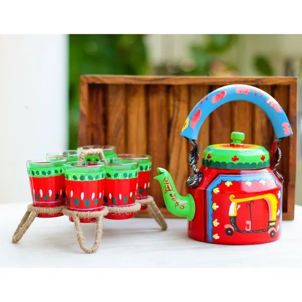 Multicolour_Traditional_Hand_Painted_Figurine_Aluminium_Tea_Kettle_Pot_Set
