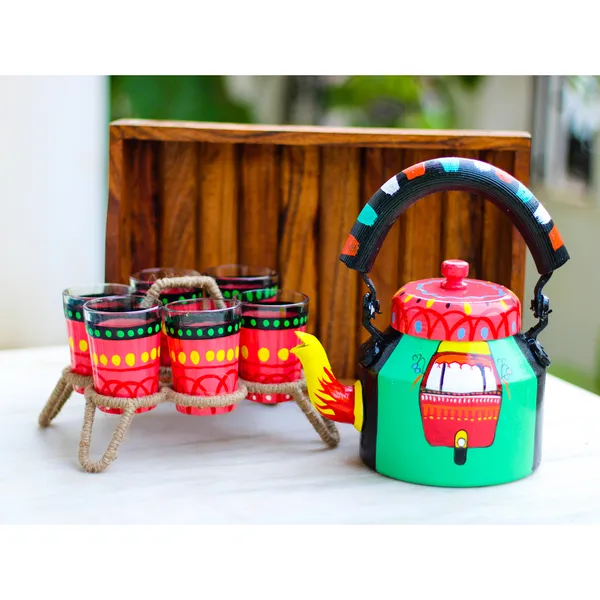 Multicolour_Traditional_Hand_Painted_Figurine_Aluminium_Tea_Kettle_Pot_Set
