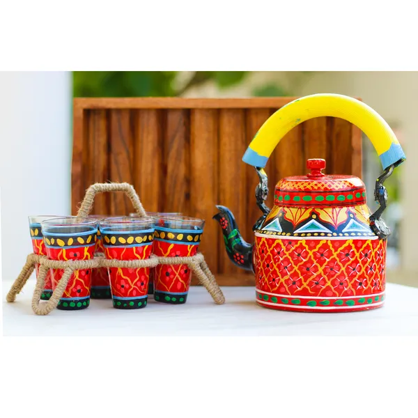 Multicolour_Traditional_Hand_Painted_Figurine_Aluminium_Tea_Kettle_Pot_Set