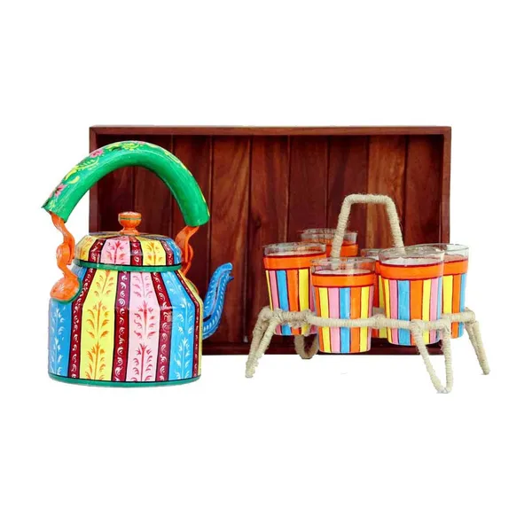 Multicolour_Traditional_Hand_Painted_Figurine_Aluminium_Tea_Kettle_Pot_Set