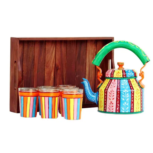 Multicolour_Traditional_Hand_Painted_Figurine_Aluminium_Tea_Kettle_Pot_Set