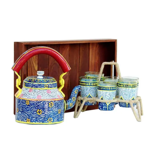 Multicolour_Traditional_Hand_Painted_Figurine_Aluminium_Tea_Kettle_Pot_Set