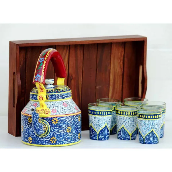 Multicolour_Traditional_Hand_Painted_Figurine_Aluminium_Tea_Kettle_Pot_Set