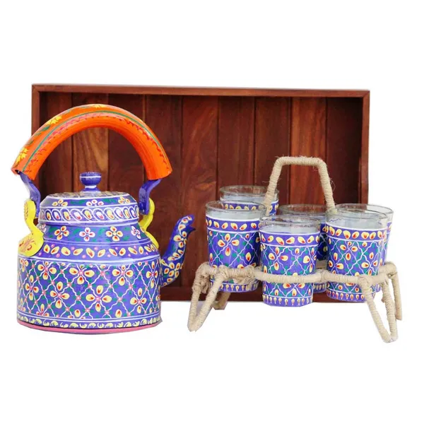 Multicolour_Traditional_Hand_Painted_Figurine_Aluminium_Tea_Kettle_Pot_Set
