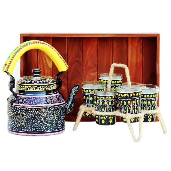 Multicolour_Traditional_Hand_Painted_Figurine_Aluminium_Tea_Kettle_Pot_Set