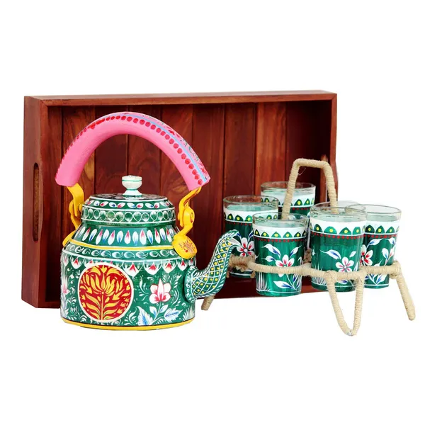 Multicolour_Traditional_Hand_Painted_Figurine_Aluminium_Tea_Kettle_Pot_Set