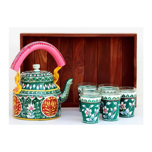 Multicolour_Traditional_Hand_Painted_Figurine_Aluminium_Tea_Kettle_Pot_Set