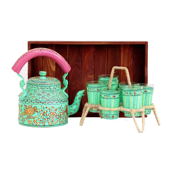 Multicolour_Traditional_Hand_Painted_Figurine_Aluminium_Tea_Kettle_Pot_Set
