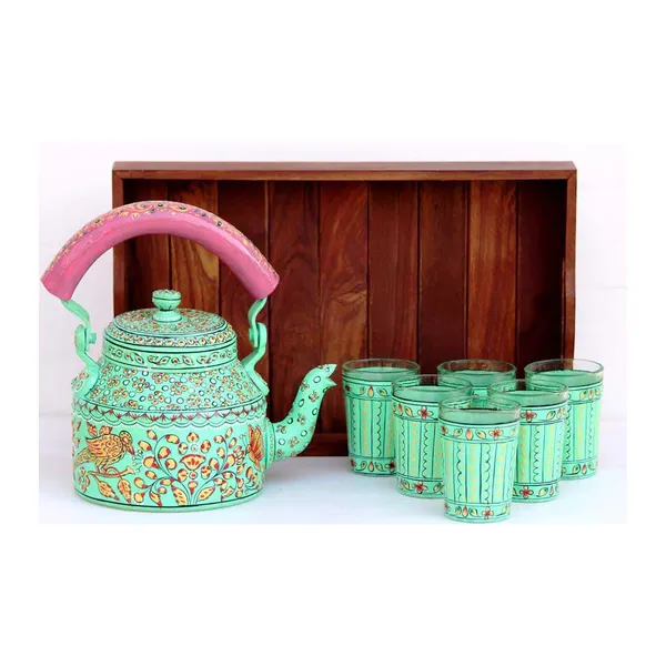 Multicolour_Traditional_Hand_Painted_Figurine_Aluminium_Tea_Kettle_Pot_Set