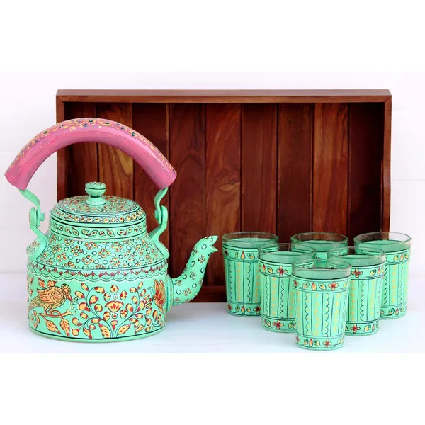 Multicolour_Traditional_Hand_Painted_Figurine_Aluminium_Tea_Kettle_Pot_Set