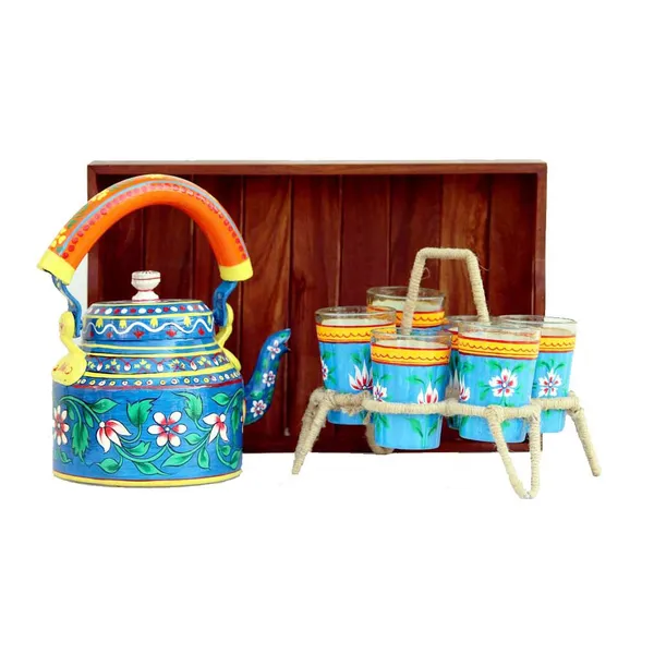 Multicolour_Traditional_Hand_Painted_Figurine_Aluminium_Tea_Kettle_Pot_Set