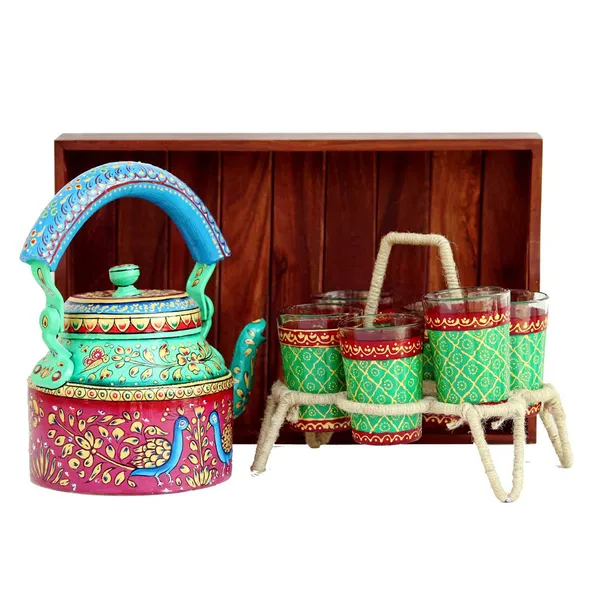Multicolour_Traditional_Hand_Painted_Figurine_Aluminium_Tea_Kettle_Pot_Set
