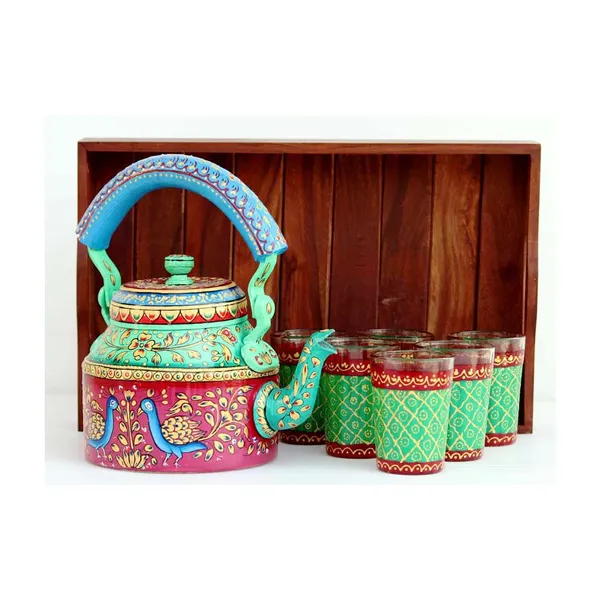 Multicolour_Traditional_Hand_Painted_Figurine_Aluminium_Tea_Kettle_Pot_Set