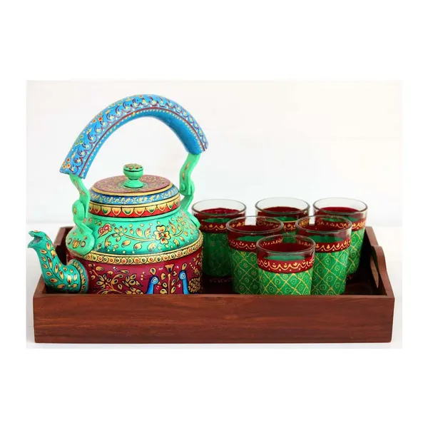 Multicolour_Traditional_Hand_Painted_Figurine_Aluminium_Tea_Kettle_Pot_Set