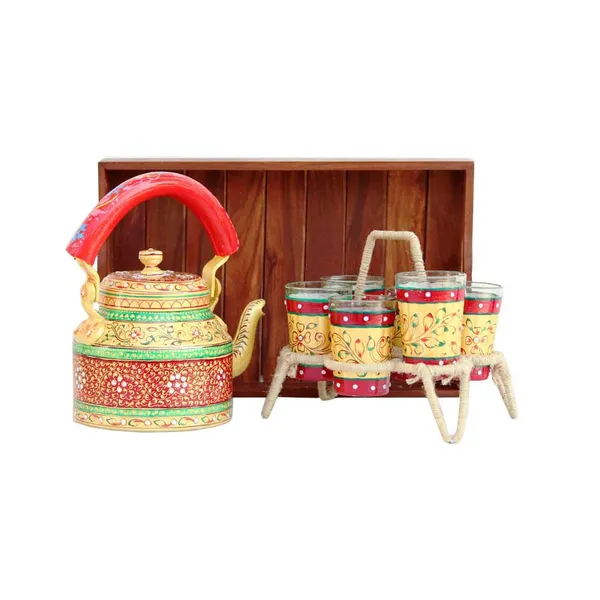 Multicolour_Traditional_Hand_Painted_Figurine_Aluminium_Tea_Kettle_Pot_Set