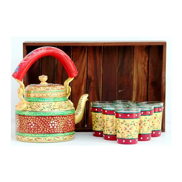 Multicolour_Traditional_Hand_Painted_Figurine_Aluminium_Tea_Kettle_Pot_Set