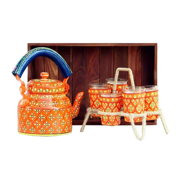 Multicolour_Traditional_Hand_Painted_Figurine_Aluminium_Tea_Kettle_Pot_Set