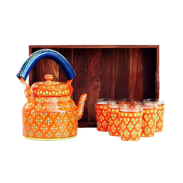 Multicolour_Traditional_Hand_Painted_Figurine_Aluminium_Tea_Kettle_Pot_Set