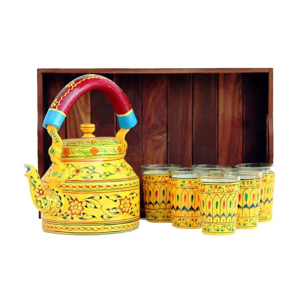 Multicolour_Traditional_Hand_Painted_Figurine_Aluminium_Tea_Kettle_Pot_Set