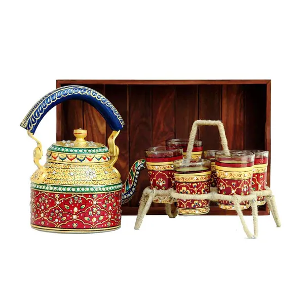 Multicolour_Traditional_Hand_Painted_Figurine_Aluminium_Tea_Kettle_Pot_Set