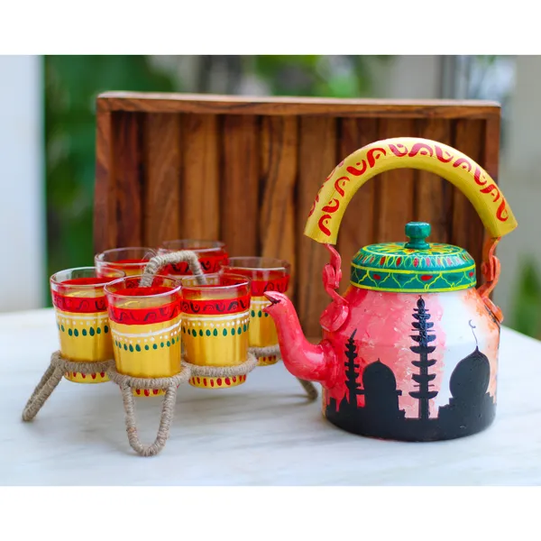 Multicolour_Traditional_Hand_Painted_Figurine_Aluminium_Tea_Kettle_Pot_Set