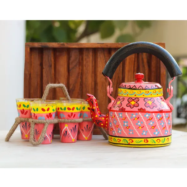 Multicolour_Traditional_Hand_Painted_Figurine_Aluminium_Tea_Kettle_Pot_Set