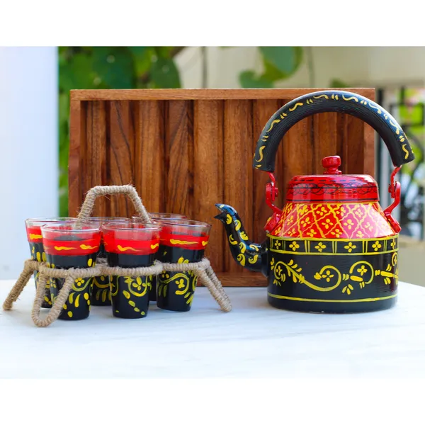 Multicolour_Traditional_Hand_Painted_Figurine_Aluminium_Tea_Kettle_Pot_Set