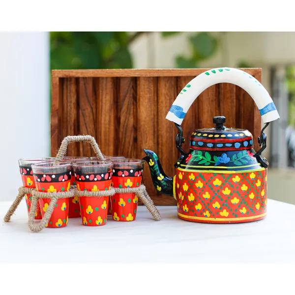 Multicolour_Traditional_Hand_Painted_Figurine_Aluminium_Tea_Kettle_Pot_Set