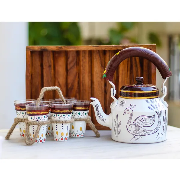 Multicolour_Traditional_Hand_Painted_Figurine_Aluminium_Tea_Kettle_Pot_Set