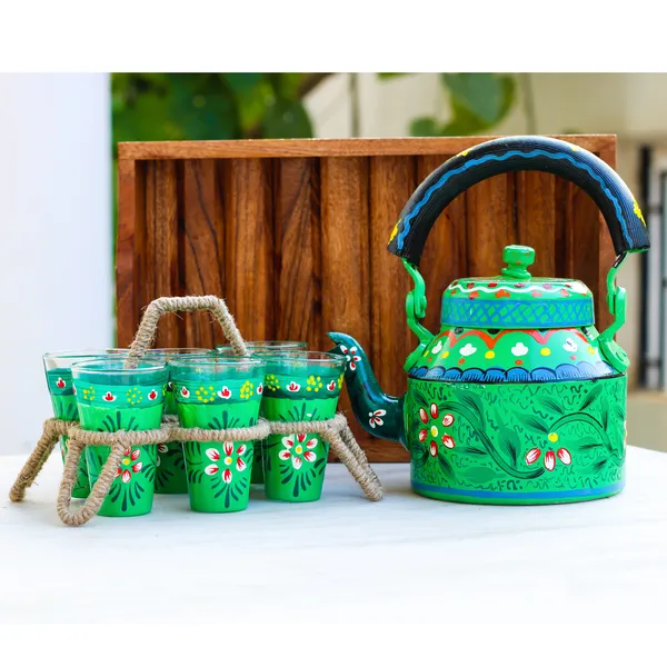 Multicolour_Traditional_Hand_Painted_Figurine_Aluminium_Tea_Kettle_Pot_Set