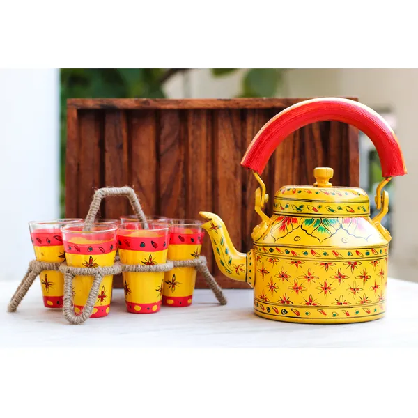 Multicolour_Traditional_Hand_Painted_Figurine_Aluminium_Tea_Kettle_Pot_Set