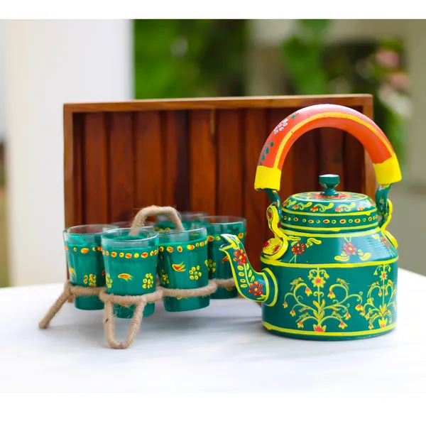 Multicolour_Traditional_Hand_Painted_Figurine_Aluminium_Tea_Kettle_Pot_Set