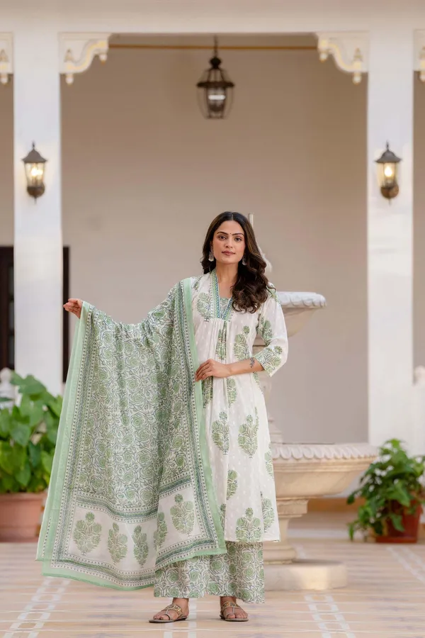 White_&_Green_Pure_Cotton_Floral_Print_Kurta_Palazzo_Set_For_Women