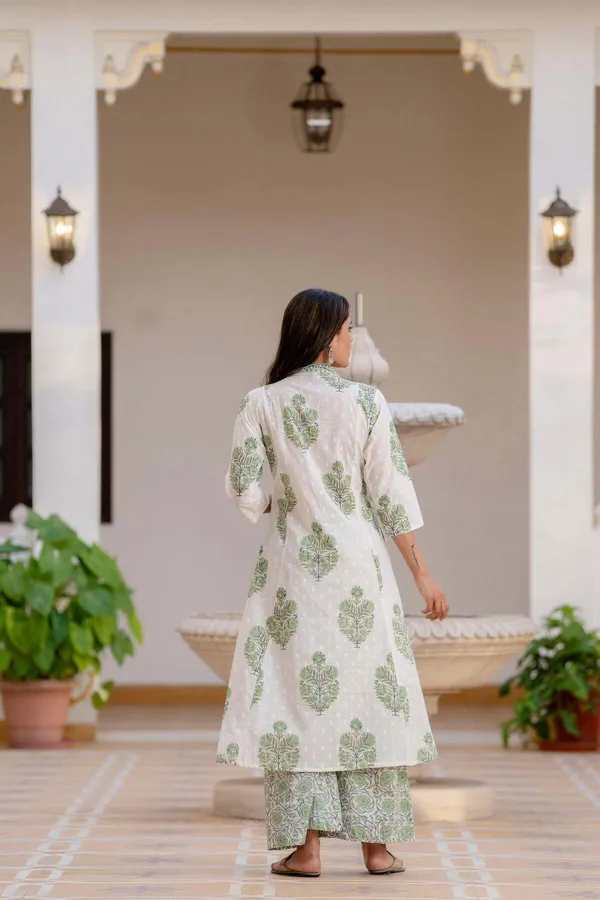 White_&_Green_Pure_Cotton_Floral_Print_Kurta_Palazzo_Set_For_Women