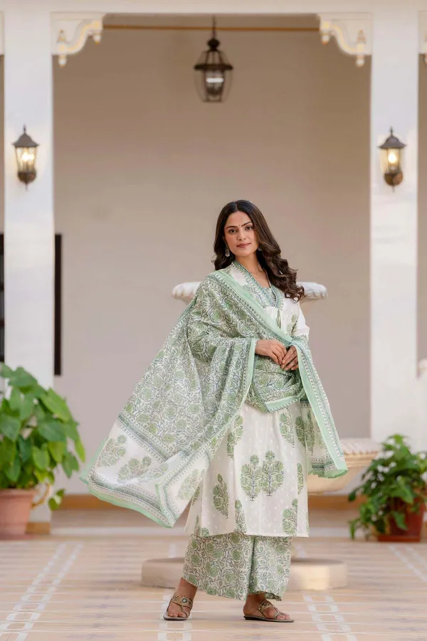 White_&_Green_Pure_Cotton_Floral_Print_Kurta_Palazzo_Set_For_Women