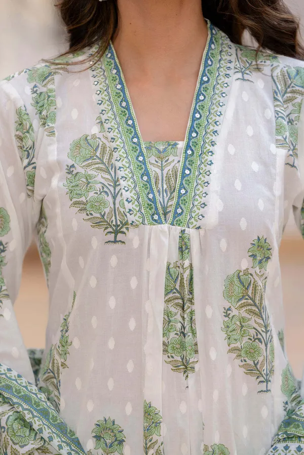 White_&_Green_Pure_Cotton_Floral_Print_Kurta_Palazzo_Set_For_Women